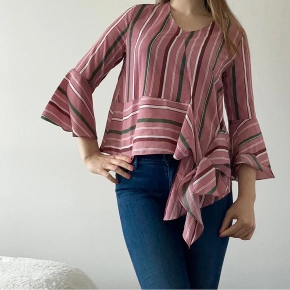 Glam brand pink striped blouse side bow tie romantic V-neck bell sleeve S loose